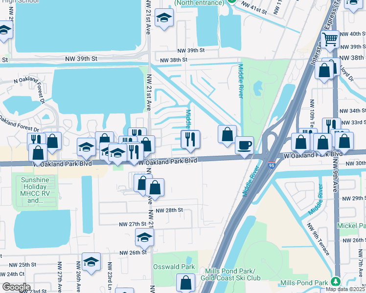 map of restaurants, bars, coffee shops, grocery stores, and more near 1821 West Oakland Park Boulevard in Oakland Park