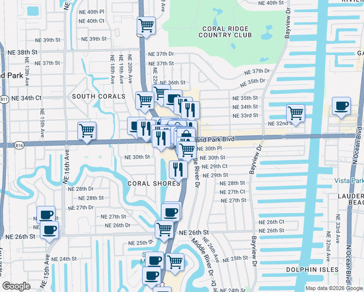 map of restaurants, bars, coffee shops, grocery stores, and more near in Fort Lauderdale