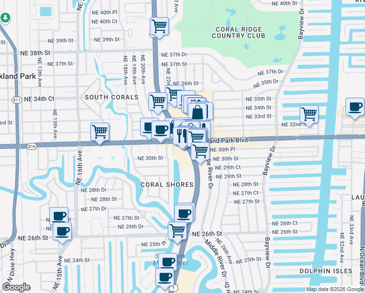 map of restaurants, bars, coffee shops, grocery stores, and more near in Fort Lauderdale