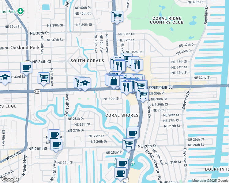 map of restaurants, bars, coffee shops, grocery stores, and more near 2011 East Oakland Park Boulevard in Oakland Park
