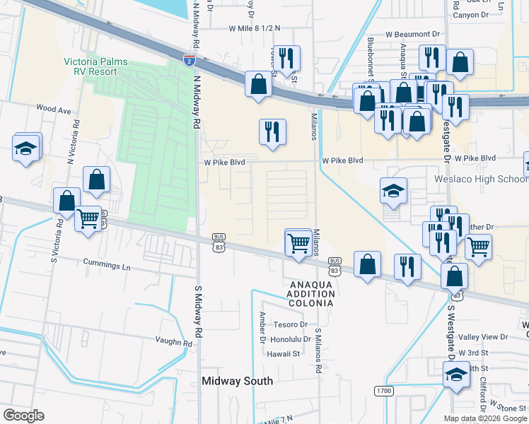 map of restaurants, bars, coffee shops, grocery stores, and more near 2300 West Pike Boulevard in Weslaco
