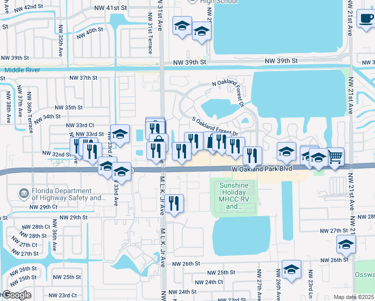 map of restaurants, bars, coffee shops, grocery stores, and more near 3056 South Oakland Forest Drive in Oakland Park