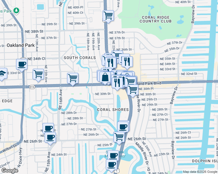 map of restaurants, bars, coffee shops, grocery stores, and more near 2011 East Oakland Park Boulevard in Oakland Park