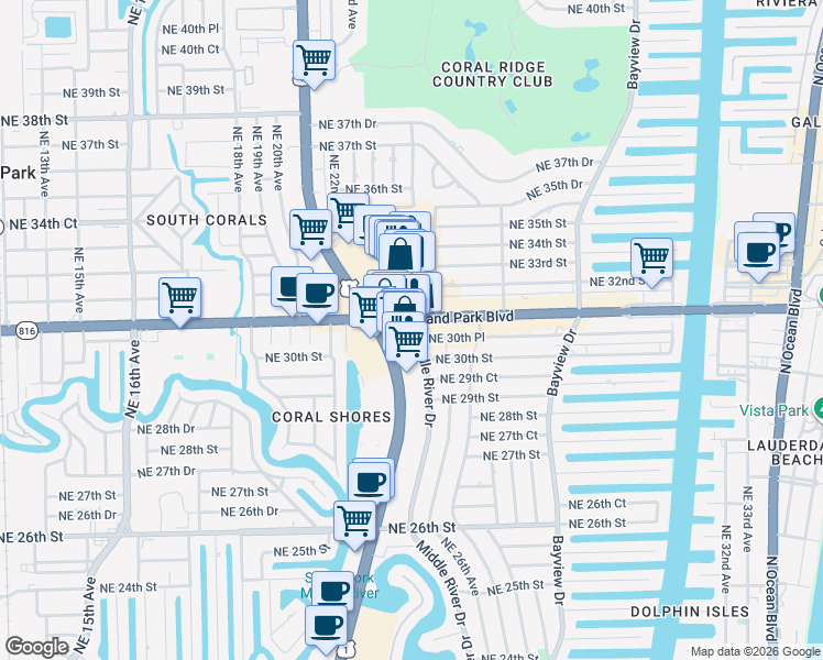 map of restaurants, bars, coffee shops, grocery stores, and more near 3200 North Federal Highway in Fort Lauderdale