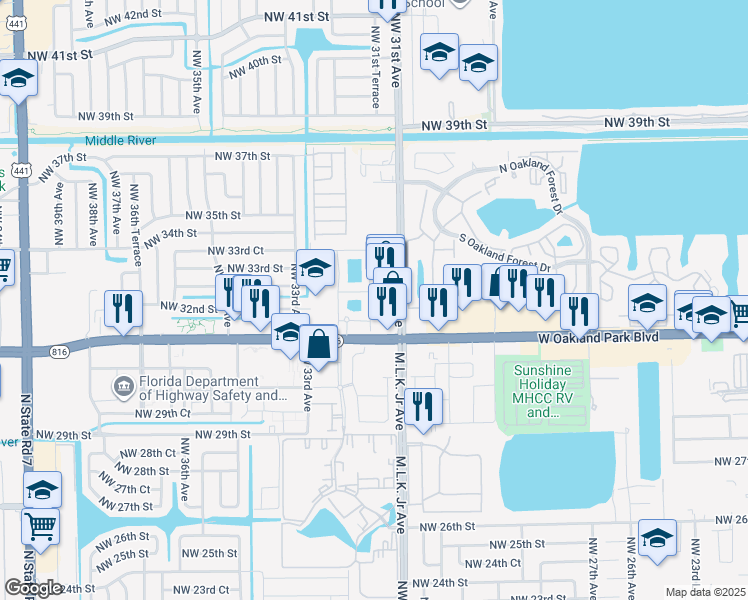 map of restaurants, bars, coffee shops, grocery stores, and more near 3239 Northwest 31st Terrace in Lauderdale Lakes