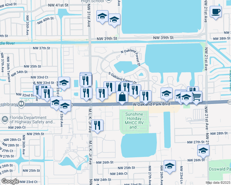 map of restaurants, bars, coffee shops, grocery stores, and more near 3127 Oakland Shores Drive in Oakland Park