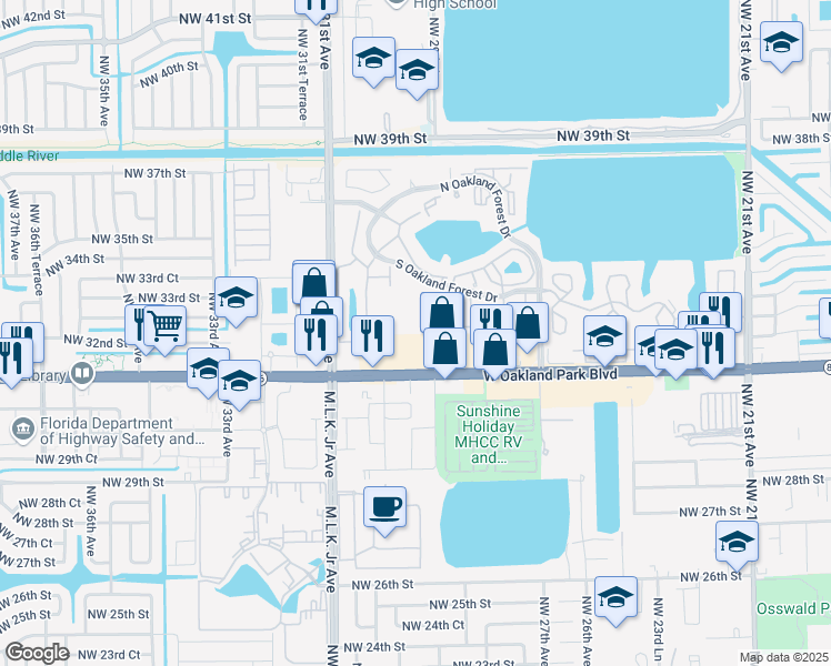 map of restaurants, bars, coffee shops, grocery stores, and more near 3127 Oakland Shores Drive in Oakland Park