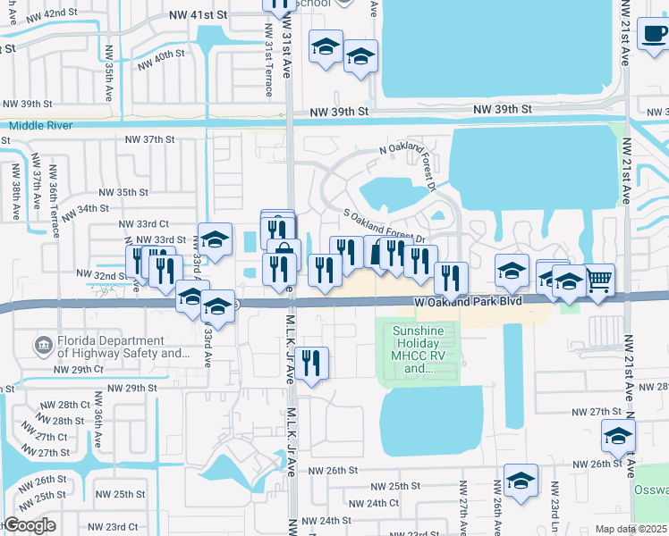 map of restaurants, bars, coffee shops, grocery stores, and more near 3056 South Oakland Forest Drive in Oakland Park
