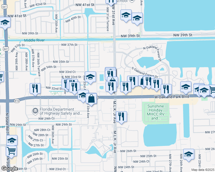 map of restaurants, bars, coffee shops, grocery stores, and more near 3239 Northwest 31st Terrace in Lauderdale Lakes