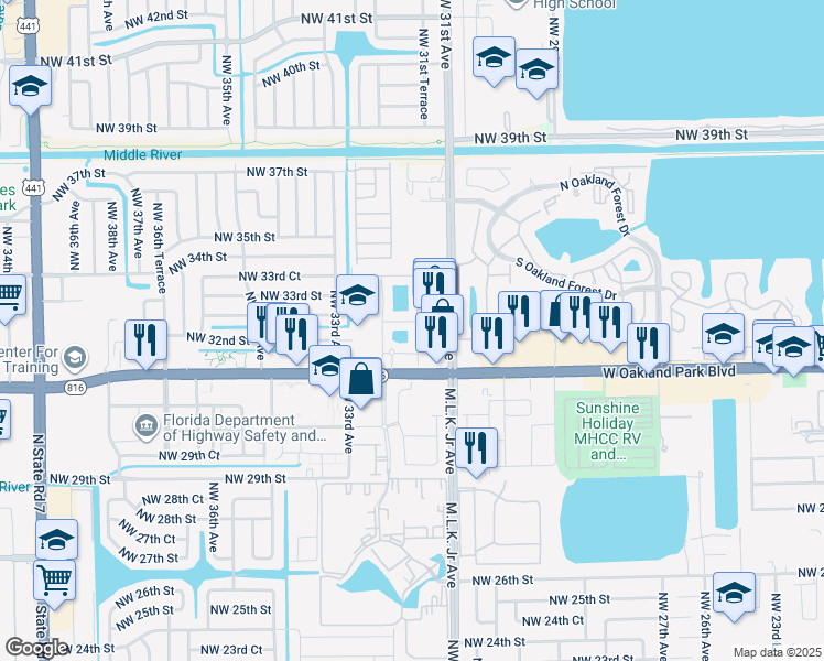 map of restaurants, bars, coffee shops, grocery stores, and more near 3239 Northwest 31st Terrace in Lauderdale Lakes
