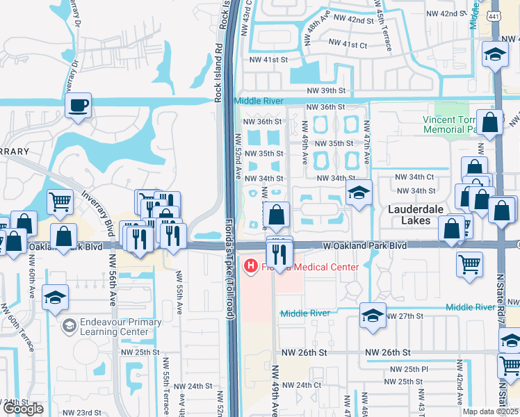 map of restaurants, bars, coffee shops, grocery stores, and more near 5151 West Oakland Park Boulevard in Lauderdale Lakes