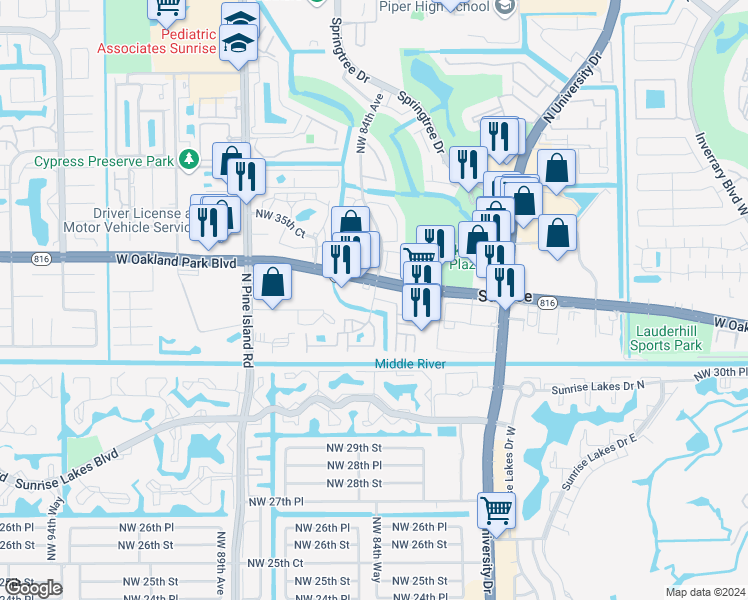 map of restaurants, bars, coffee shops, grocery stores, and more near in Sunrise
