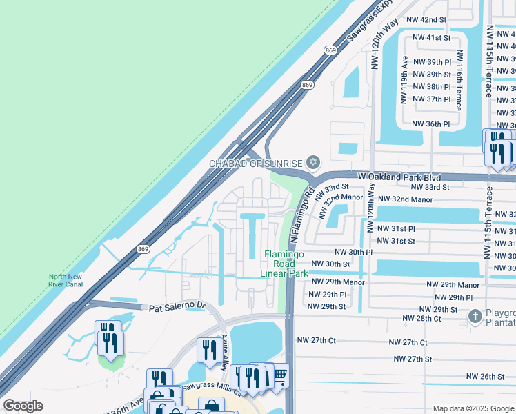 map of restaurants, bars, coffee shops, grocery stores, and more near 3308 Northwest 125th Way in Sunrise