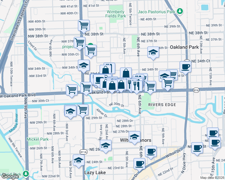 map of restaurants, bars, coffee shops, grocery stores, and more near 312 Northeast 32nd Street in Oakland Park