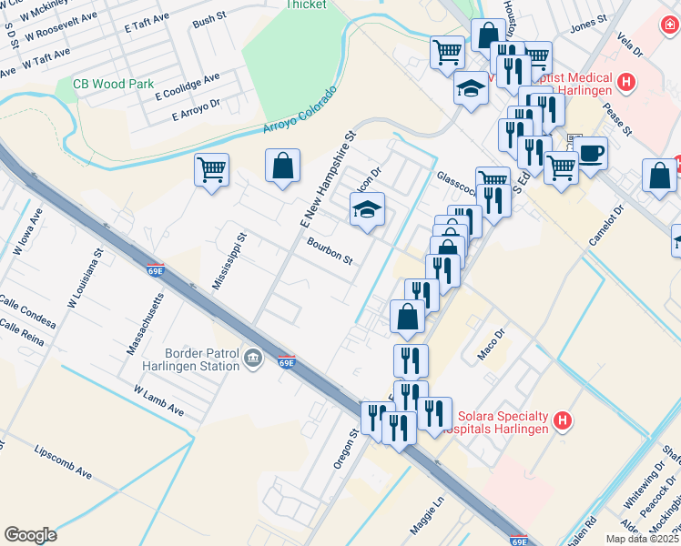 map of restaurants, bars, coffee shops, grocery stores, and more near 3917 Arroyo Vista Court in Harlingen