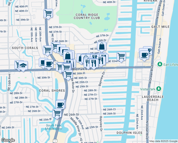 map of restaurants, bars, coffee shops, grocery stores, and more near 2691 East Oakland Park Boulevard in Fort Lauderdale