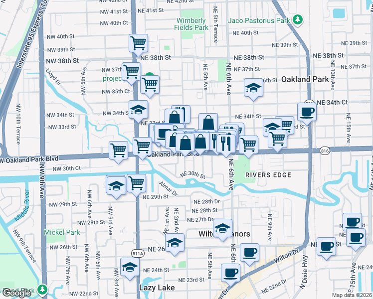map of restaurants, bars, coffee shops, grocery stores, and more near 312 Northeast 32nd Street in Oakland Park