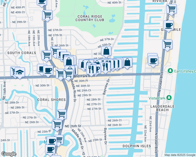 map of restaurants, bars, coffee shops, grocery stores, and more near 2739 East Oakland Park Boulevard in Fort Lauderdale