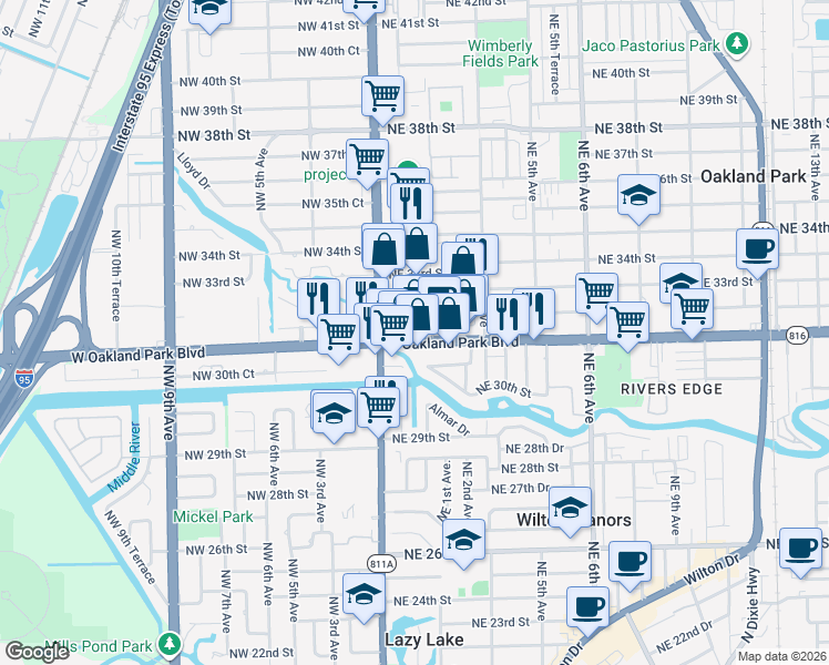 map of restaurants, bars, coffee shops, grocery stores, and more near 175 Northeast 32nd Street in Oakland Park