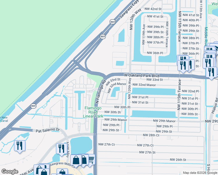 map of restaurants, bars, coffee shops, grocery stores, and more near 3247 Northwest 123rd Avenue in Sunrise