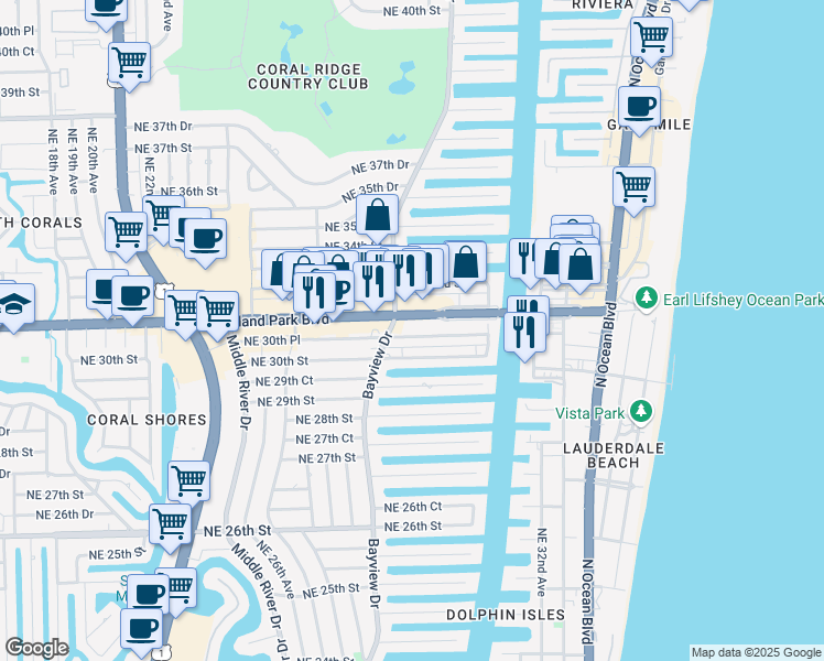 map of restaurants, bars, coffee shops, grocery stores, and more near 2817 East Oak Park Access Road in Fort Lauderdale