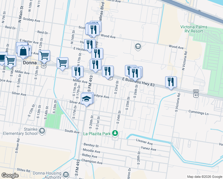 map of restaurants, bars, coffee shops, grocery stores, and more near 2204 Miller Avenue in Donna