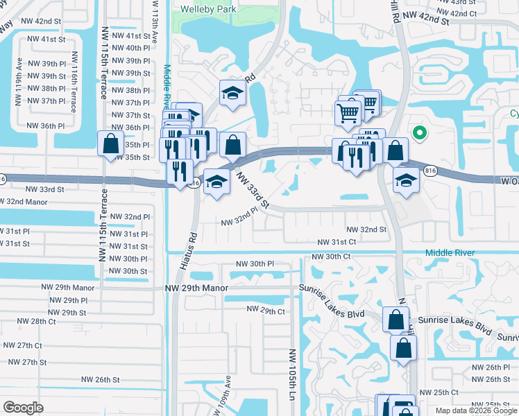 map of restaurants, bars, coffee shops, grocery stores, and more near 12671 Northwest 32nd Court in Sunrise