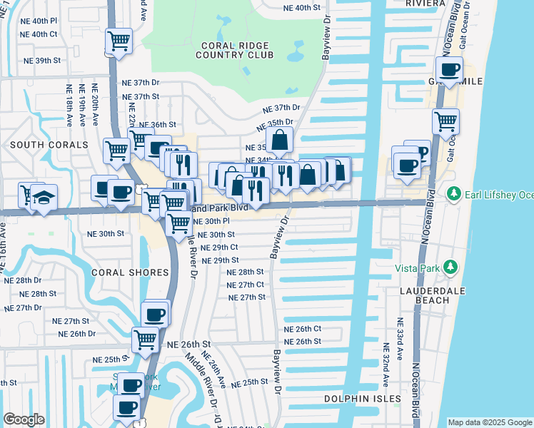 map of restaurants, bars, coffee shops, grocery stores, and more near 2739 East Oakland Park Boulevard in Fort Lauderdale