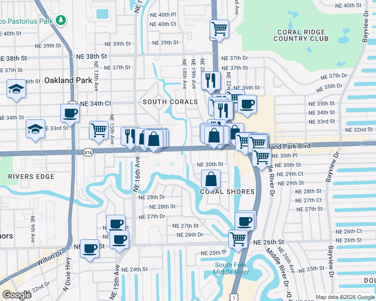 map of restaurants, bars, coffee shops, grocery stores, and more near 1701 East Oakland Park Boulevard in Oakland Park