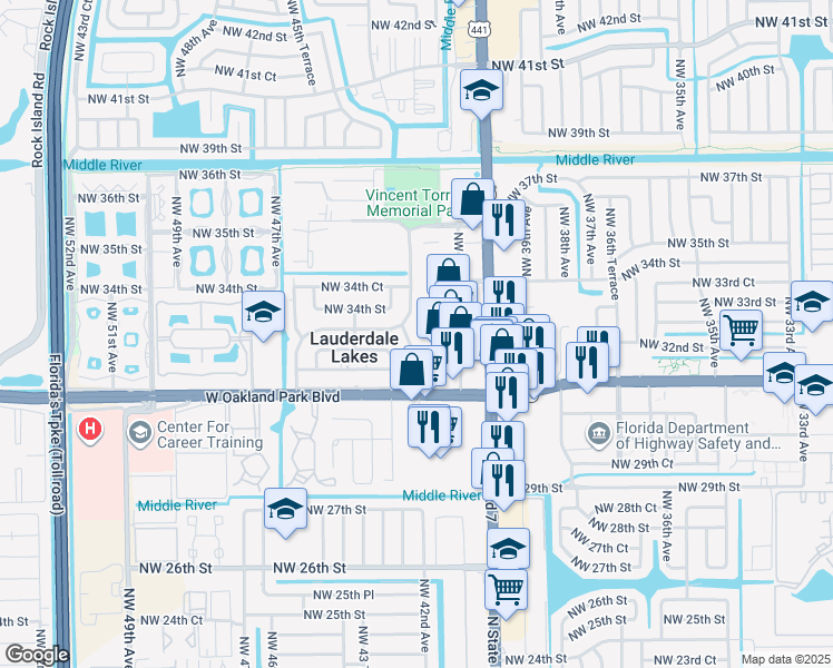 map of restaurants, bars, coffee shops, grocery stores, and more near 3311 Northwest 43rd Avenue in Lauderdale Lakes