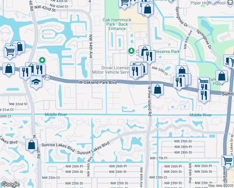 map of restaurants, bars, coffee shops, grocery stores, and more near 9133 Northwest 33rd Place in Sunrise
