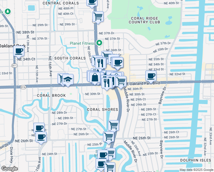 map of restaurants, bars, coffee shops, grocery stores, and more near 3101 North Federal Highway in Oakland Park