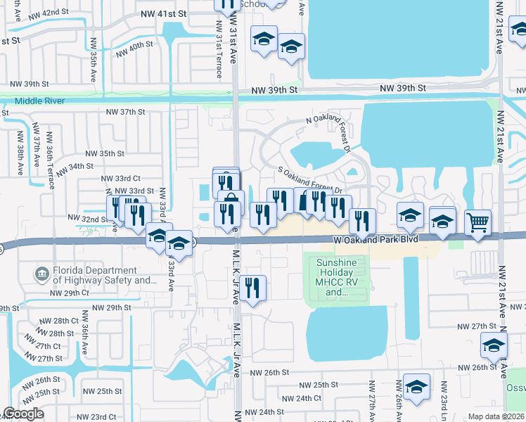 map of restaurants, bars, coffee shops, grocery stores, and more near 3115 Oakland Shores Drive in Oakland Park