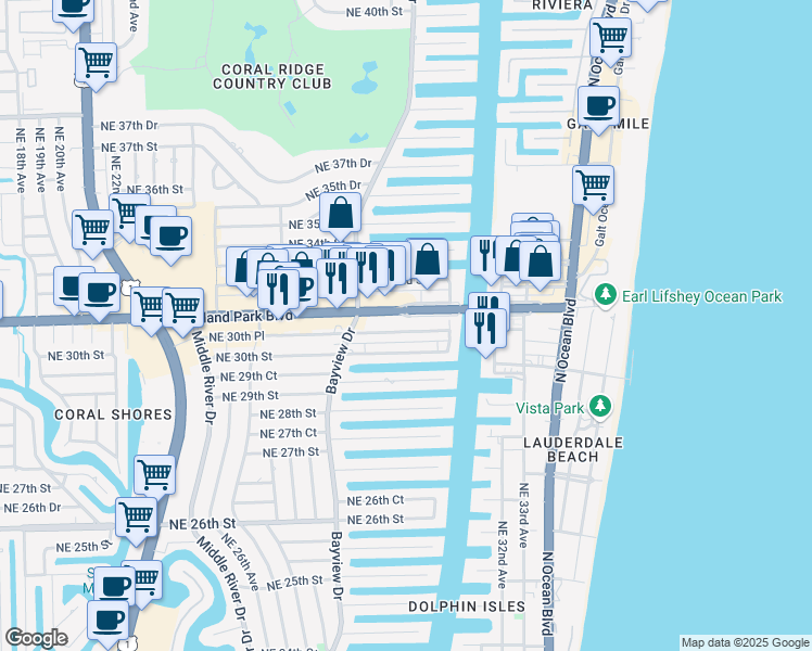 map of restaurants, bars, coffee shops, grocery stores, and more near 2817 East Oak Park Access Road in Fort Lauderdale