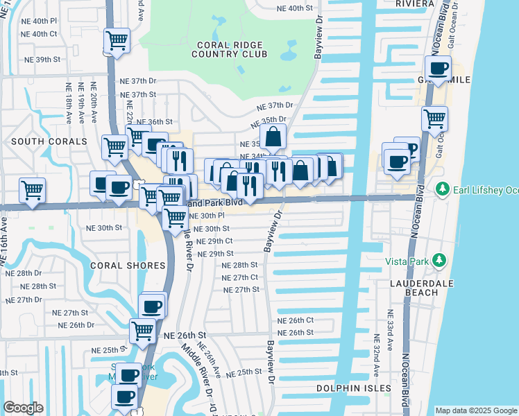 map of restaurants, bars, coffee shops, grocery stores, and more near 2739 East Oakland Park Boulevard in Fort Lauderdale