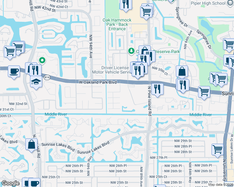 map of restaurants, bars, coffee shops, grocery stores, and more near 9133 Northwest 33rd Place in Sunrise