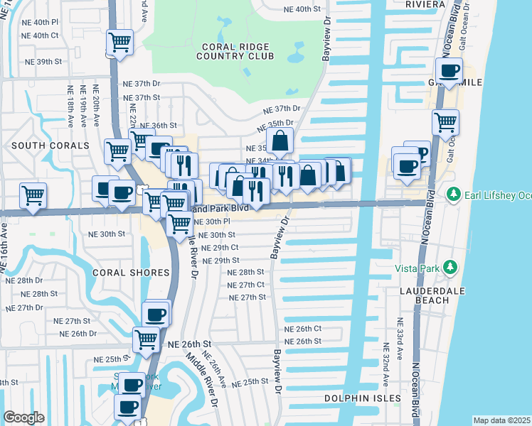map of restaurants, bars, coffee shops, grocery stores, and more near 2739 East Oakland Park Boulevard in Fort Lauderdale