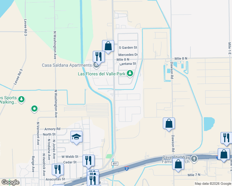 map of restaurants, bars, coffee shops, grocery stores, and more near 1201 Lantana Street in Mercedes
