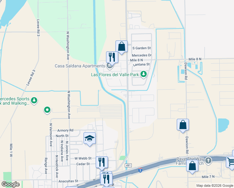 map of restaurants, bars, coffee shops, grocery stores, and more near 114 James Drive in Mercedes