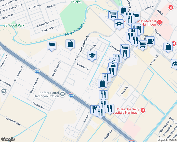 map of restaurants, bars, coffee shops, grocery stores, and more near 601 Scotch Street in Harlingen