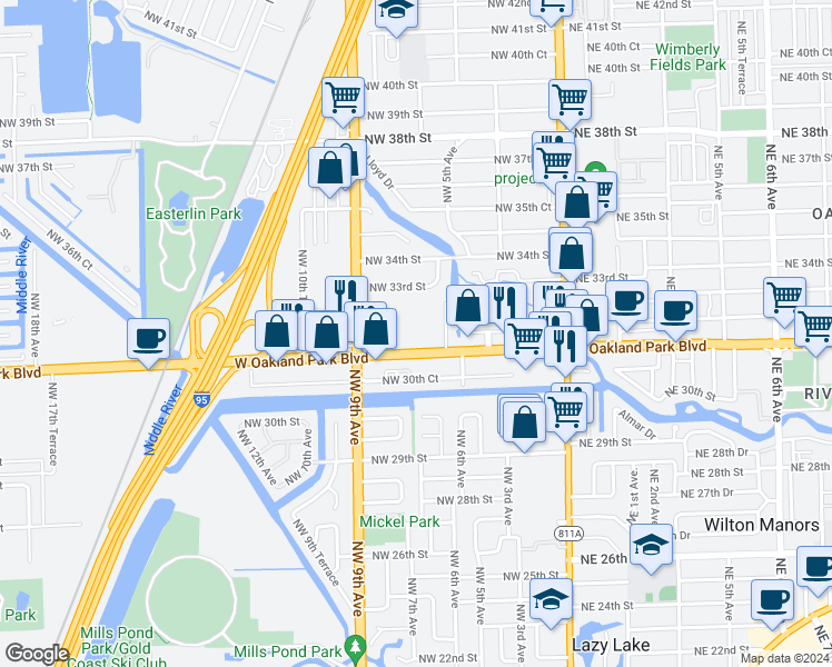 map of restaurants, bars, coffee shops, grocery stores, and more near 659 West Oakland Park Boulevard in Wilton Manors