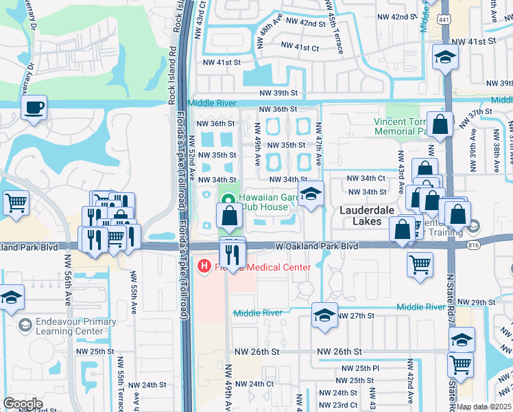map of restaurants, bars, coffee shops, grocery stores, and more near 3361 Northwest 47th Terrace in Lauderdale Lakes