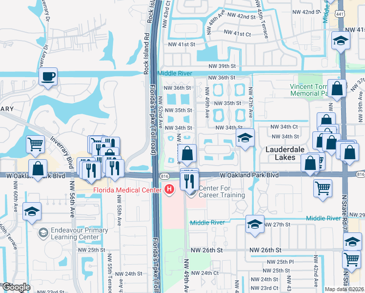 map of restaurants, bars, coffee shops, grocery stores, and more near 5071 West Oakland Park Boulevard in Lauderdale Lakes