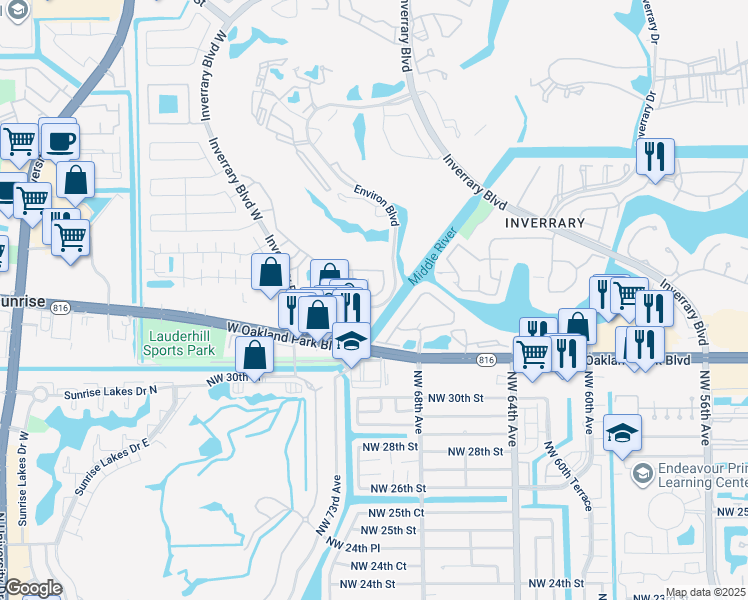 map of restaurants, bars, coffee shops, grocery stores, and more near 3037 La Mirage Drive in Lauderhill