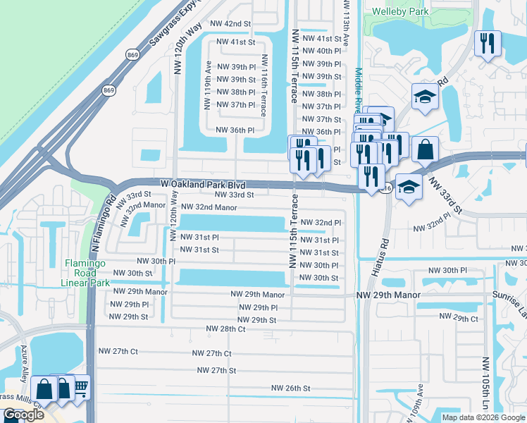 map of restaurants, bars, coffee shops, grocery stores, and more near 11651 Northwest 32nd Manor in Sunrise
