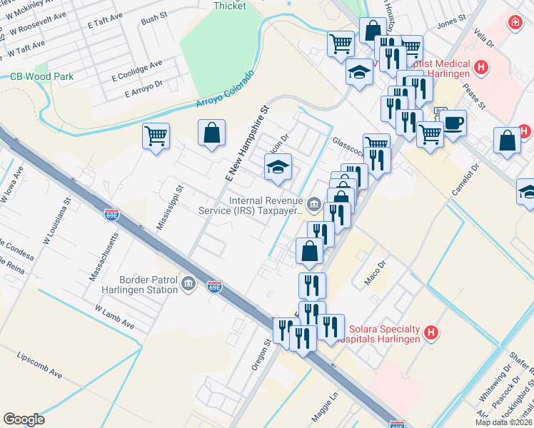 map of restaurants, bars, coffee shops, grocery stores, and more near 3917 Bourbon Street in Harlingen