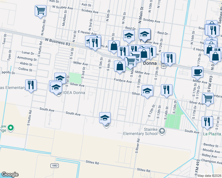 map of restaurants, bars, coffee shops, grocery stores, and more near 312 South 6th Street in Donna