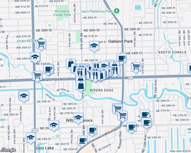 map of restaurants, bars, coffee shops, grocery stores, and more near 827 Northeast 31st Street in Oakland Park