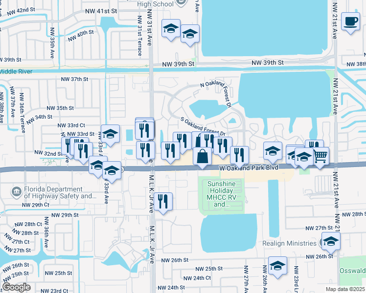map of restaurants, bars, coffee shops, grocery stores, and more near 3109 Oakland Shores Drive in Oakland Park