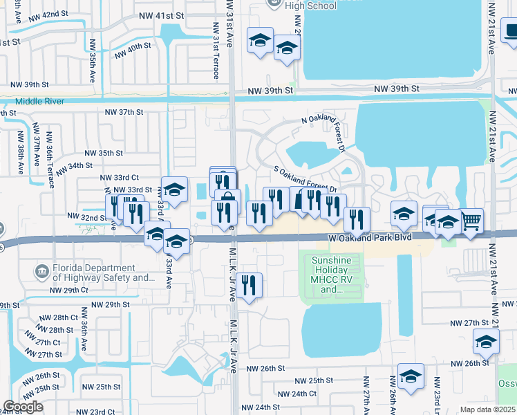 map of restaurants, bars, coffee shops, grocery stores, and more near 3056 South Oakland Forest Drive in Oakland Park